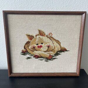 Framed Smiling Pig Needlepoint Picture // Wood Frame // 16" x 14"